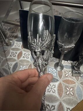 Silver Dragon-Handled Champagne Flute – Fantasy-Inspired Glassware fondue set